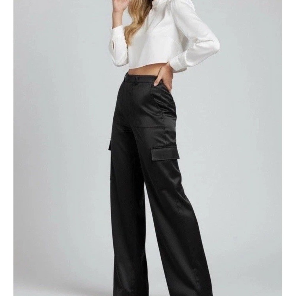 Old Navy Cargo Extra High Rise Wide Leg Black Satin Y2K Barrel Utility Rave Sz 4